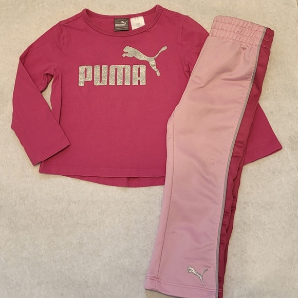 Puma dark pink/silver long sleeved tee shirt with light pink athletic joggers - Picture 1 of 10